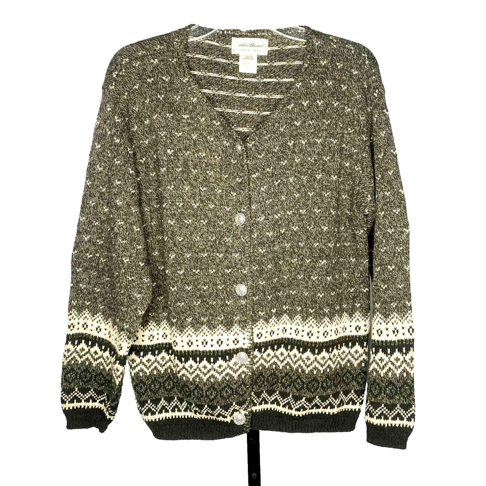 VINTAGE Eddie Bauer Women Sweater medium Fair Isle Knit Cardigan V Neck 80s‎ 90s